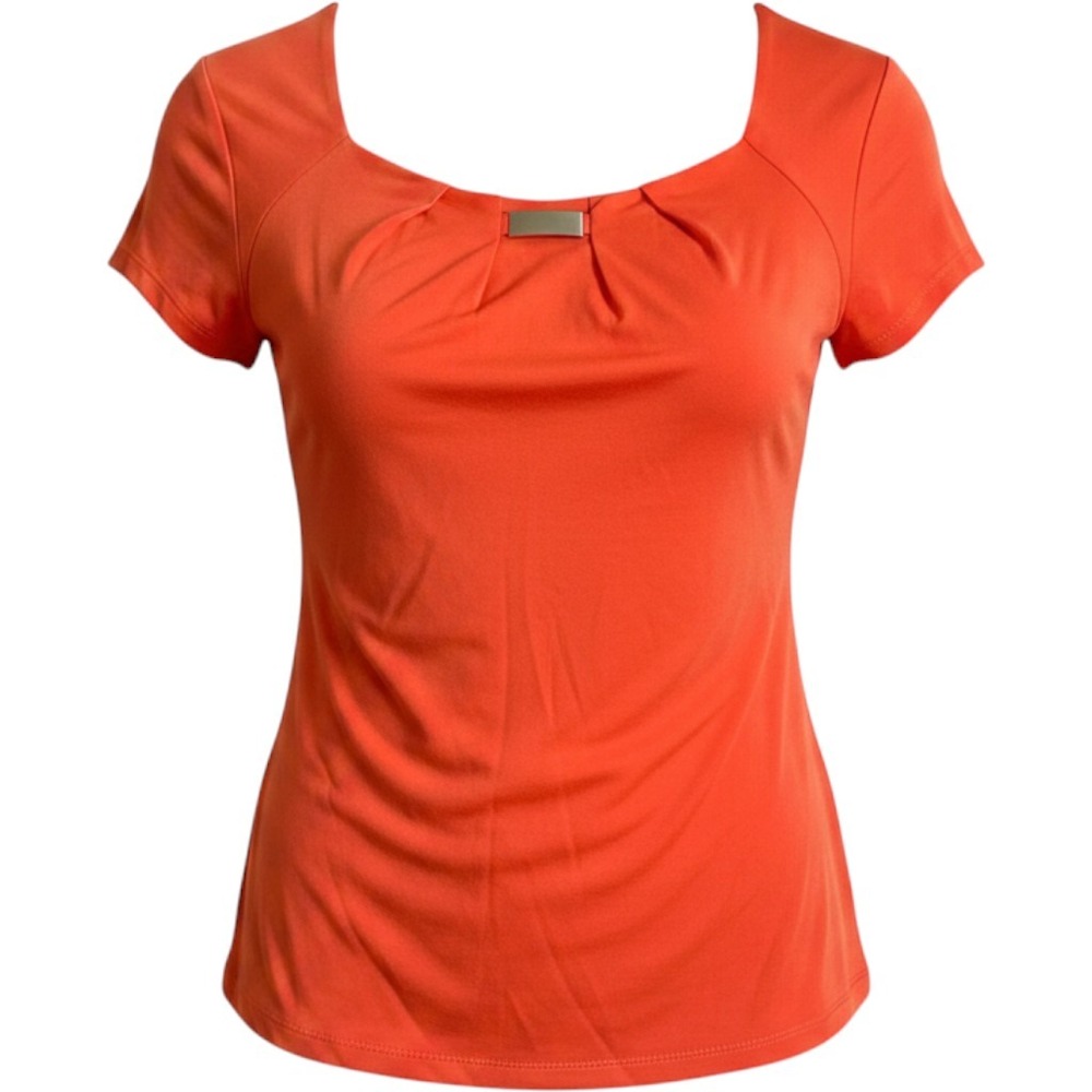 NY Collection Womens‎ Orange Square Neck Pleated Blouse  Bar Accent M